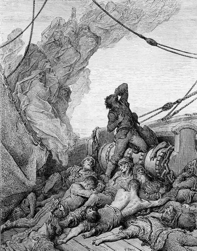 The Mariner, surrounded by the dead sailors, suffers anguish of spirit, scene from 